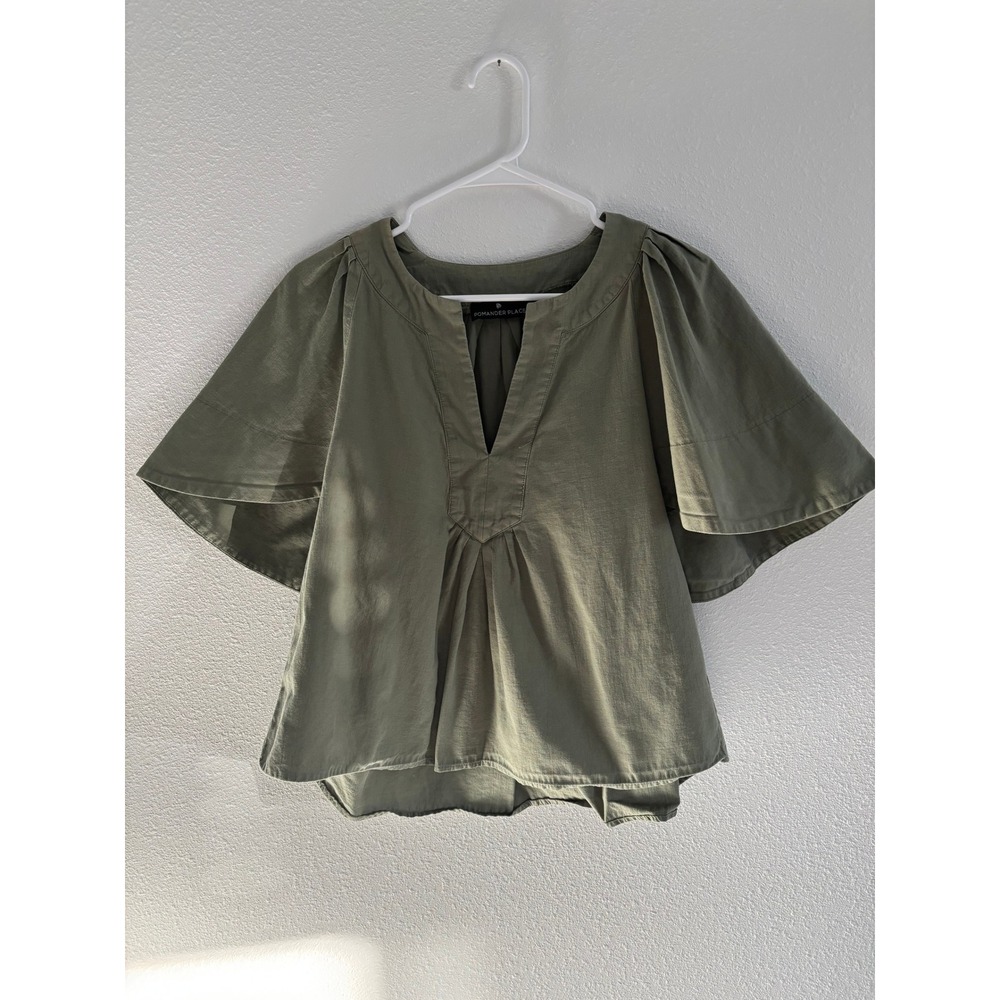 Pomander Place Finley Flutter Sleeve Top Womens XS Forest Green Cotton Preppy - Picture 2 of 5
